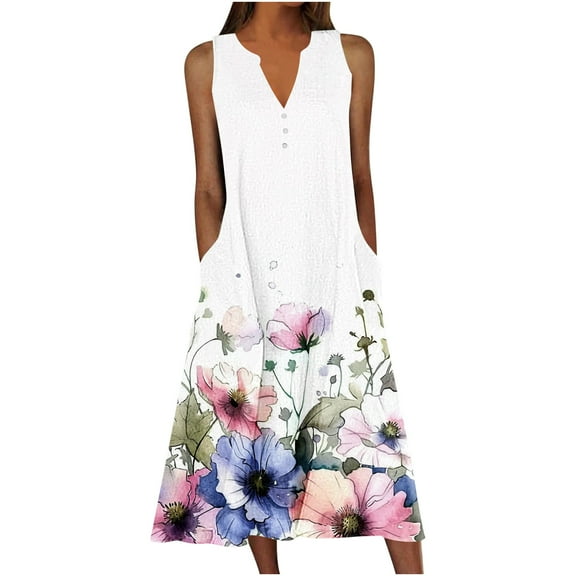 YOTAMI Plus Size Sundresses for Women 2025 Fashion Floral Print Dresses with Pocket V-Neck Sleeveless Long Dresses for Beach Multicolor, Sizes M