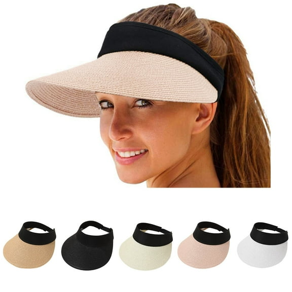 FCLoft Sun Hats For Women, Straw Wide Brim Sun Visor, UV Protection Ponytail Hat Foldable Packable Summer Beach Travel Cap