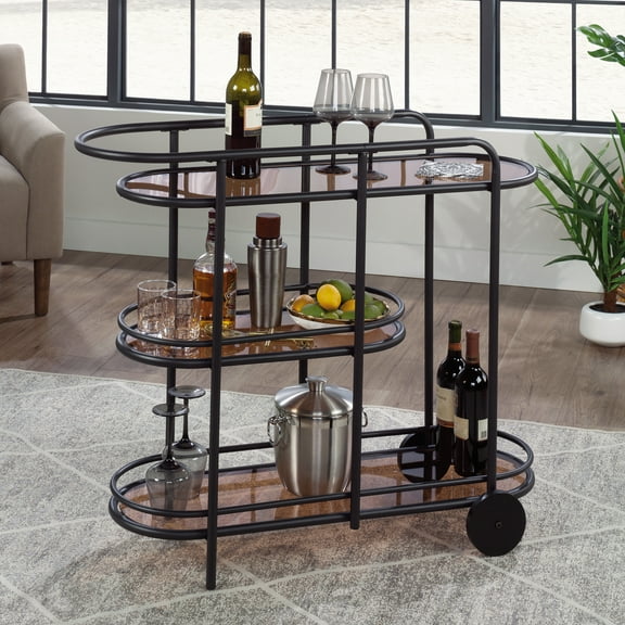 Sauder Coral Cape Modern Metal & Glass Bar Car, Black Finish