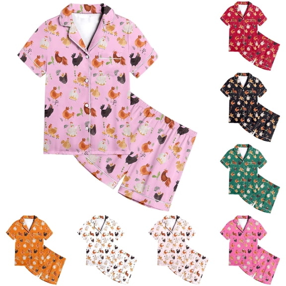 XIYON Girls Pajamas Set Kids Animal Chicken Print Short Sleeve Button Up Top With Shorts 2 Piece Pjs Nightwear Sleepwear Classic 10-11Years
