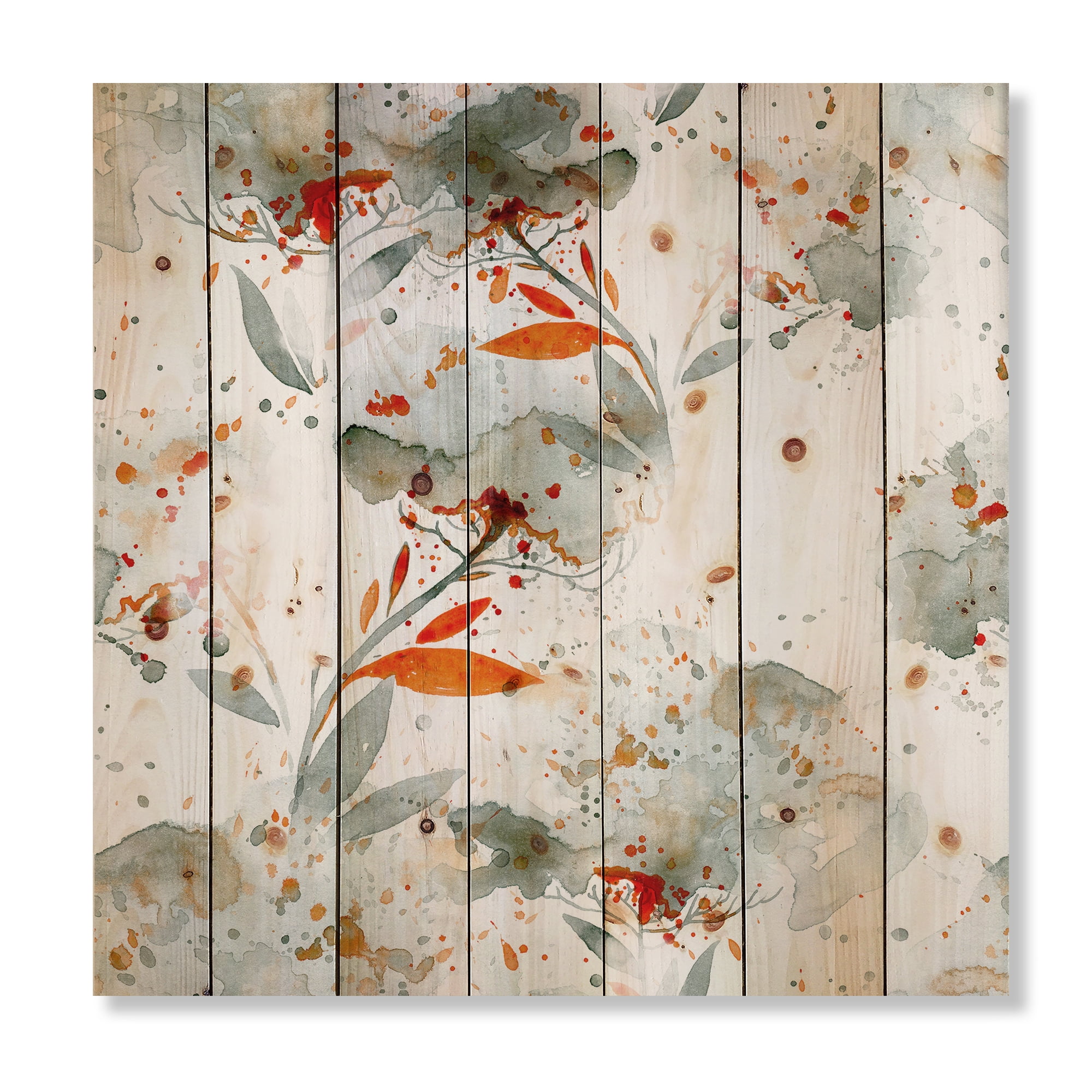 Designart 'Orange and Green Wildflowers I' Modern Print on Natural Pine Wood