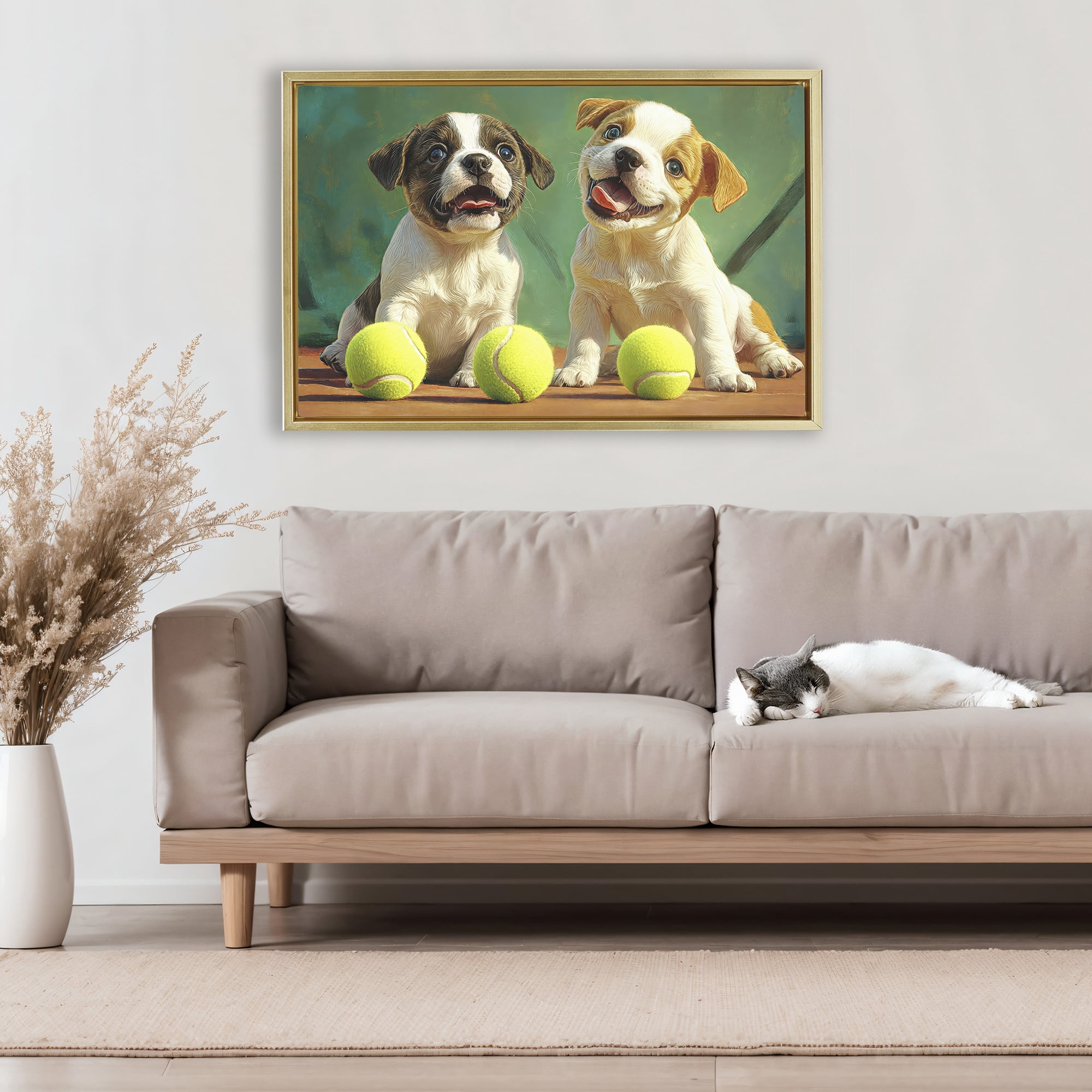Stupell Industries Adorable Puppies with Tennis Balls Gold Framed Floater Canvas Wall Art, design by Imagine It Images