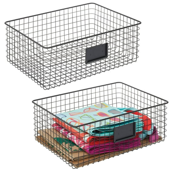 mDesign Wide Steel Kitchen Organizer Basket - Label Slot, 2 Pack, Matte Black