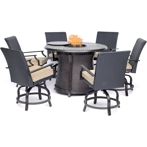 Hanover Aspen Creek 7 Piece High Dining, High Top Fire Pit Table And Chairs