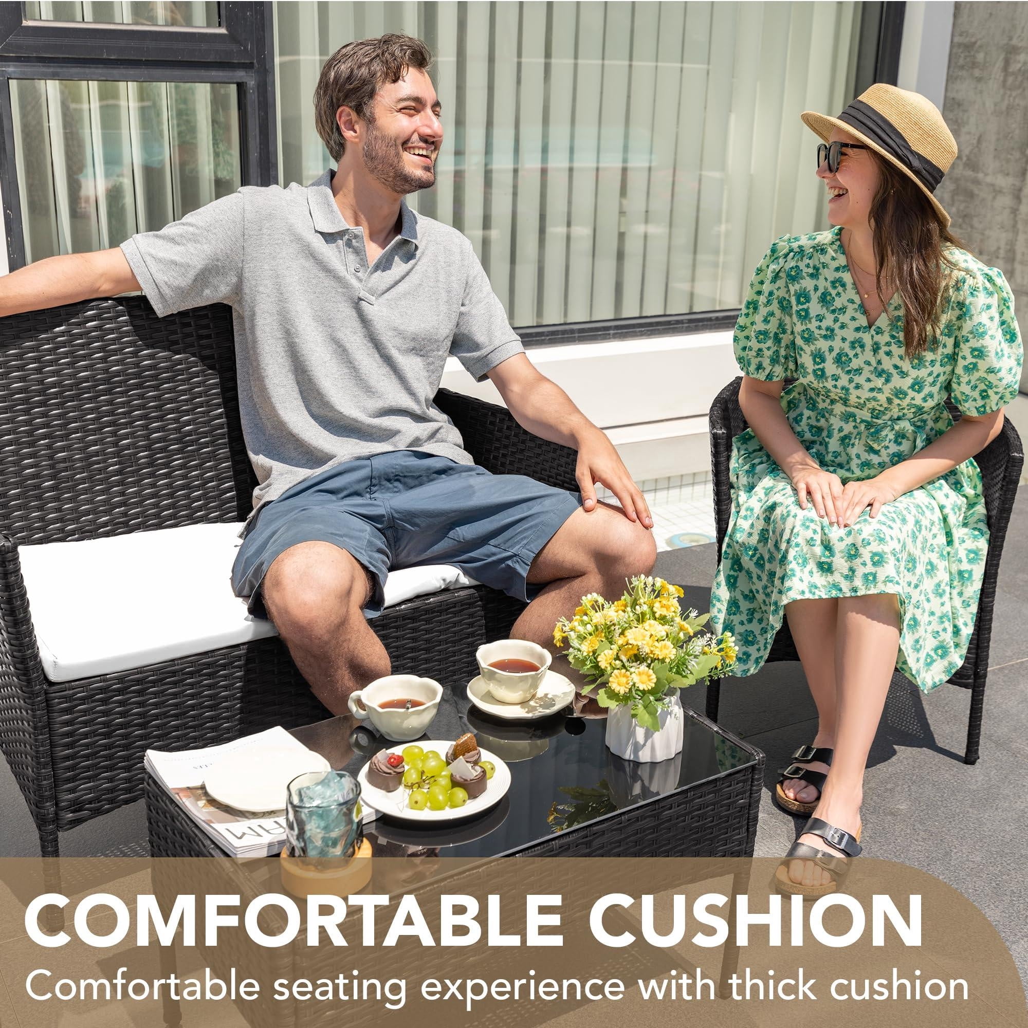Aukfa 4 Pieces Patio Porch Furniture Sets PE Rattan Wicker Chairs Beige Cushion with Table for Outdoor Garden