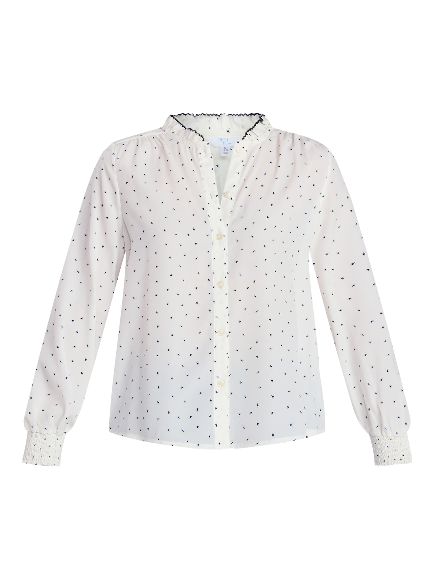 Time and Tru Women's Ruffle Button Down Blouse with Long Sleeves, Sizes XS-XXXL