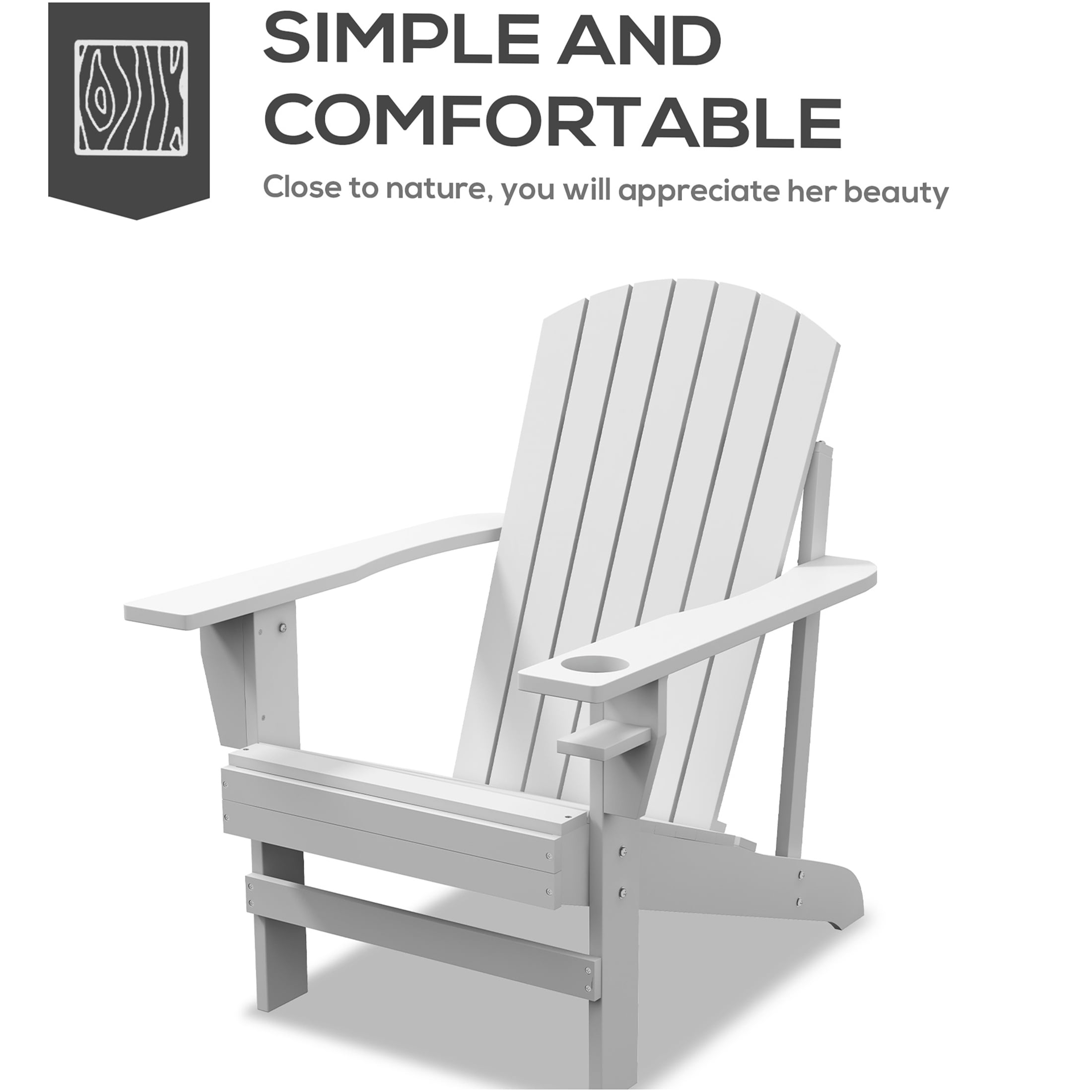 JERFIT White Wood Adirondack Chair with Cup Holder, Outdoor Patio Lounge Chair Weather-Resistant Solid Wood for Garden, Deck, Backyard, Fire Pit