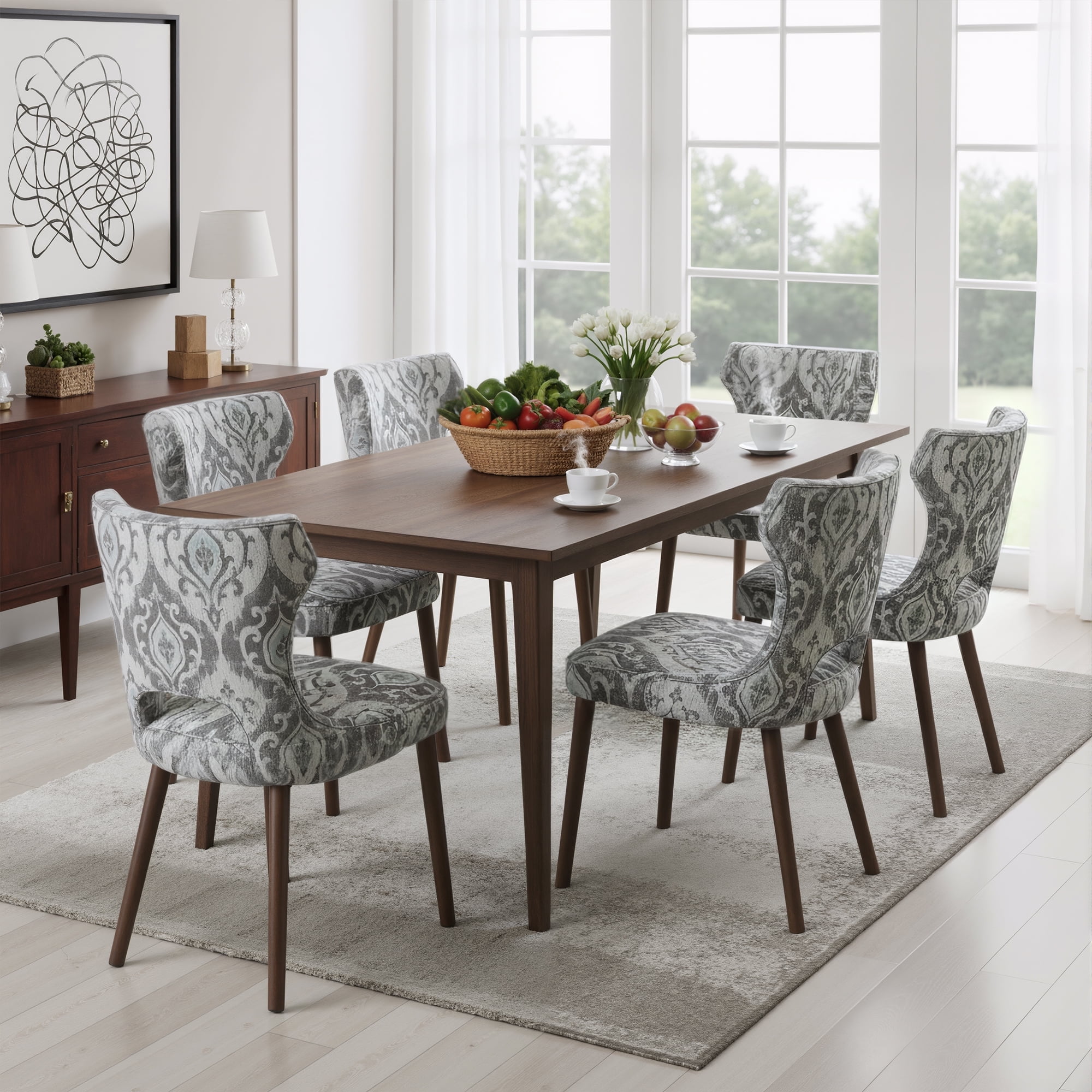 EOP Modern Fabric Upholstered Dining Chairs Set of 6, Wingback Dining Side Chairs with Solid Wood Legs, Farmhouse Dining Room Chairs for Dining Kitchen Living Room, Jacquard