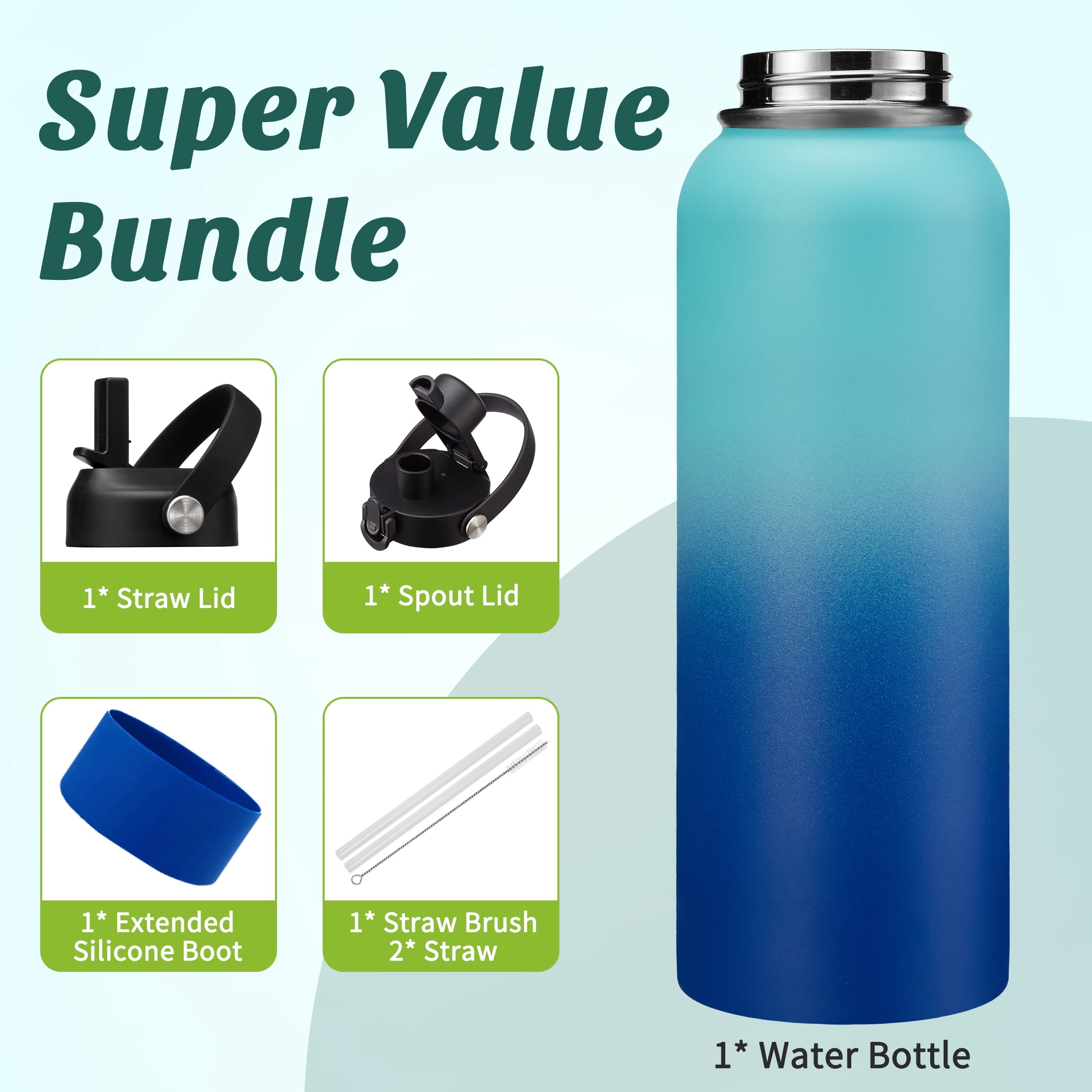 40 oz Insulated Water Bottle with Straw & Spout Lid, Stainless Steel Water Bottle for Men Women, Wide Mouth Water Flask - Keep Cold-48H Hot-24H, Leak Proof & BPA-Free, Protective Boot
