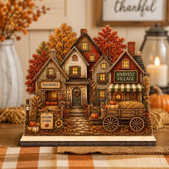 Wooden Block Decor Fall Harvest Village Wood Tabletop Display for Thanksgiving Farmhouse Decor