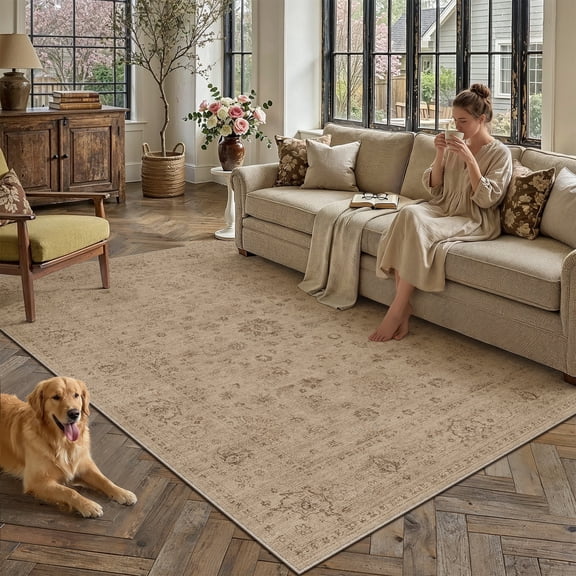 BERTHMEER 5'x7' Area Rugs for Living Room Bedroom Dining Room Office Oriental Floral Vintage Farmhouse Machine Washable Non-slip Traditional Distressed Carpets, Brown