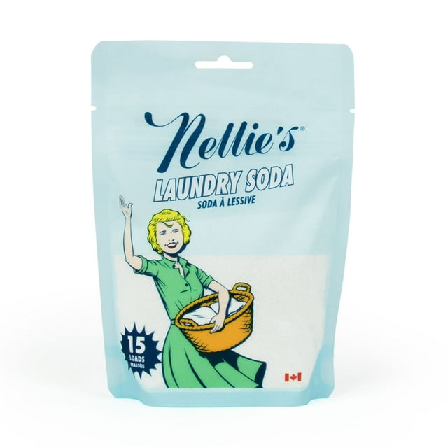 Nellie's Laundry Soda 225g try-it size packaging featuring an illustrated woman in green dress holding a laundry basket, labeled for 15 loads