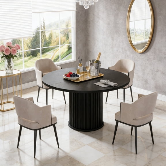 Black Round Dining Table for 4-6 People 47" Circle Dining Table with MDF Top and Fluted Base Round Kitchen Tables Sturdy 300 Lbs for Family Gatherings