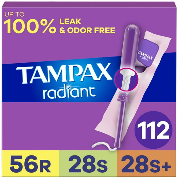 Tampax Radiant Tampons Multipack, with LeakGuard Braid, Regular/Super/Super Plus Absorbency, Unscented, 112 Count