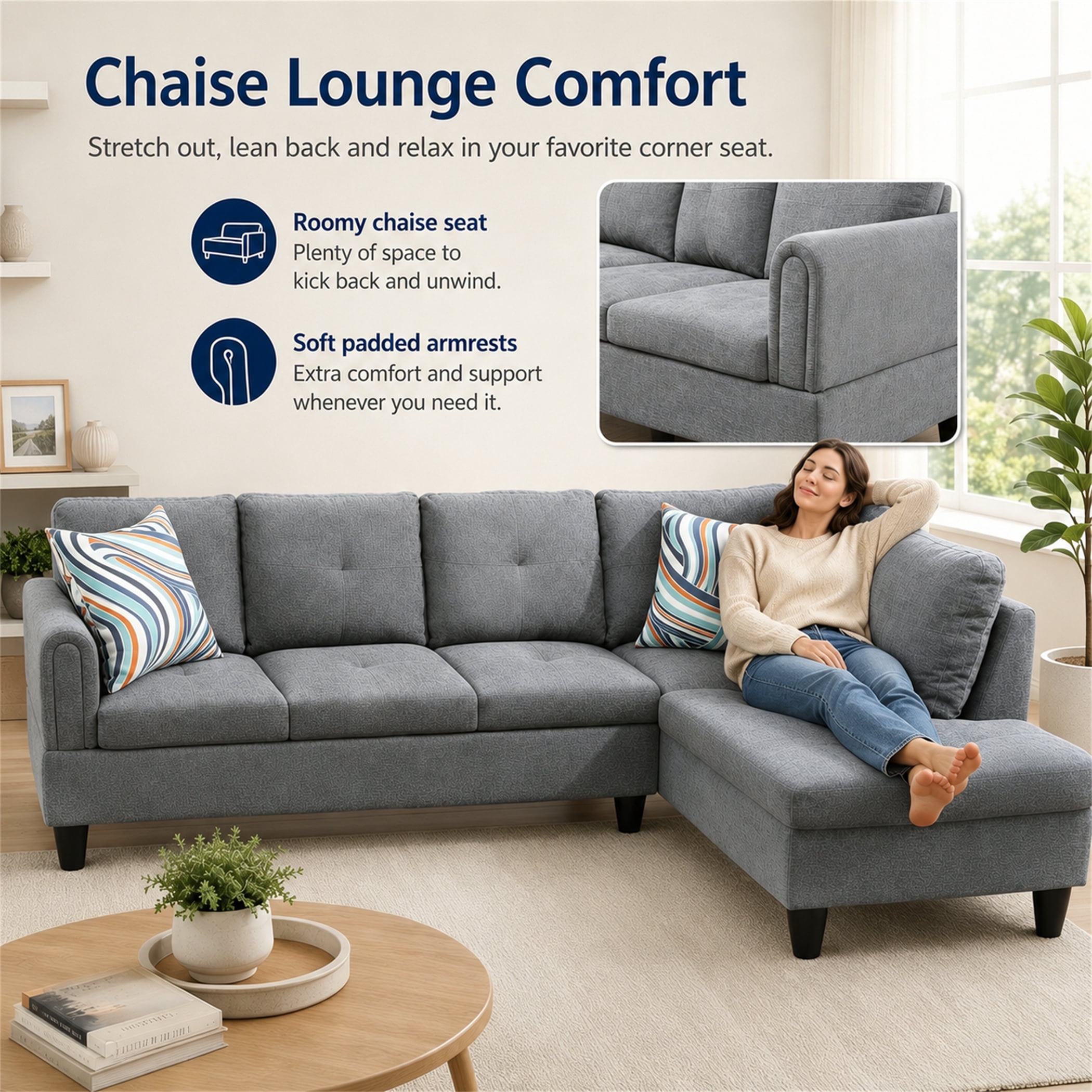 Aukfa 97" Classic Sectional Sofa 4 Seat L shape Couch with Oversized Right Chaise for Living Room, 2Pillows, Linen, Gray