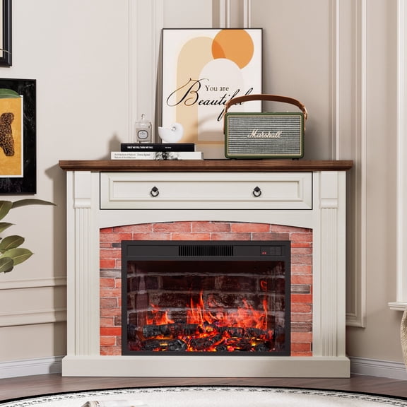 HARIPUL Corner TV Stand with Wooden Mantel, Corner Electric Fireplace with Remote Control, Adjustable Realistic Flame, Anti-Tipping Device