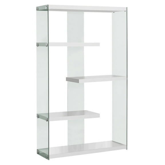 JERFIT 5-Tier Modern Bookshelf with Tempered Glass, White Display Shelf for Living Room, Office