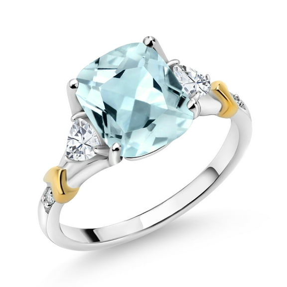 Gem Stone King 3.04 Cttw Sky Blue Simulated Aquamarine White Moissanite and Diamond Ring for Women | 925 Silver and 10K Yellow Gold | Wedding Engagement Anniversary Promise Ring for Women| Size 5