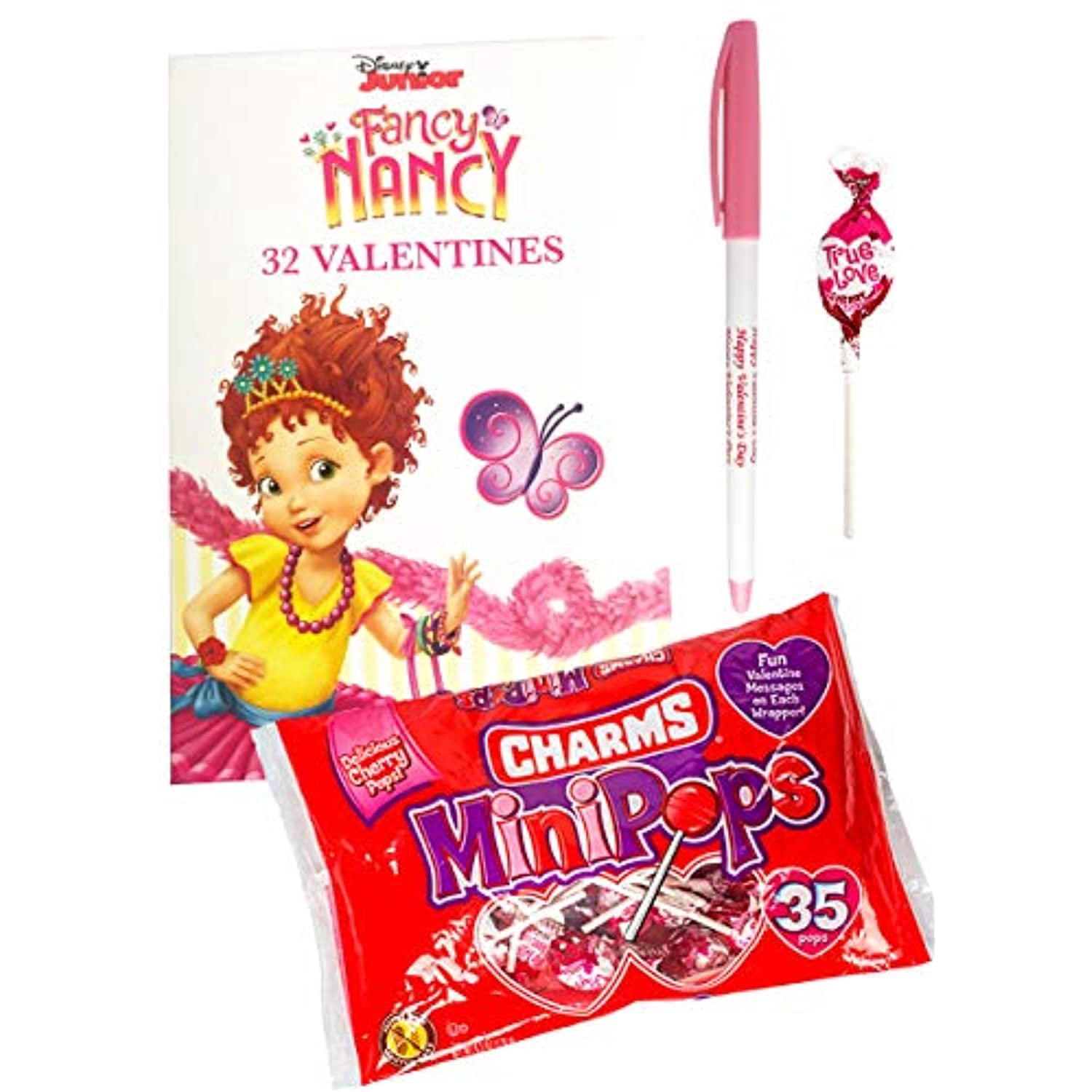 Disney Fancy Nancy 32 Valentines Cards with Charms Lollipops Minipops ...