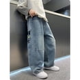 thumbnail image 4 of CPNG Boys Baggy Vintage Straight Wide Leg Denim Cargo Pants Jeans Cotton Denim Pants with Pockets Elastic Waist Loose Fit Casual Trousers, 4 of 5