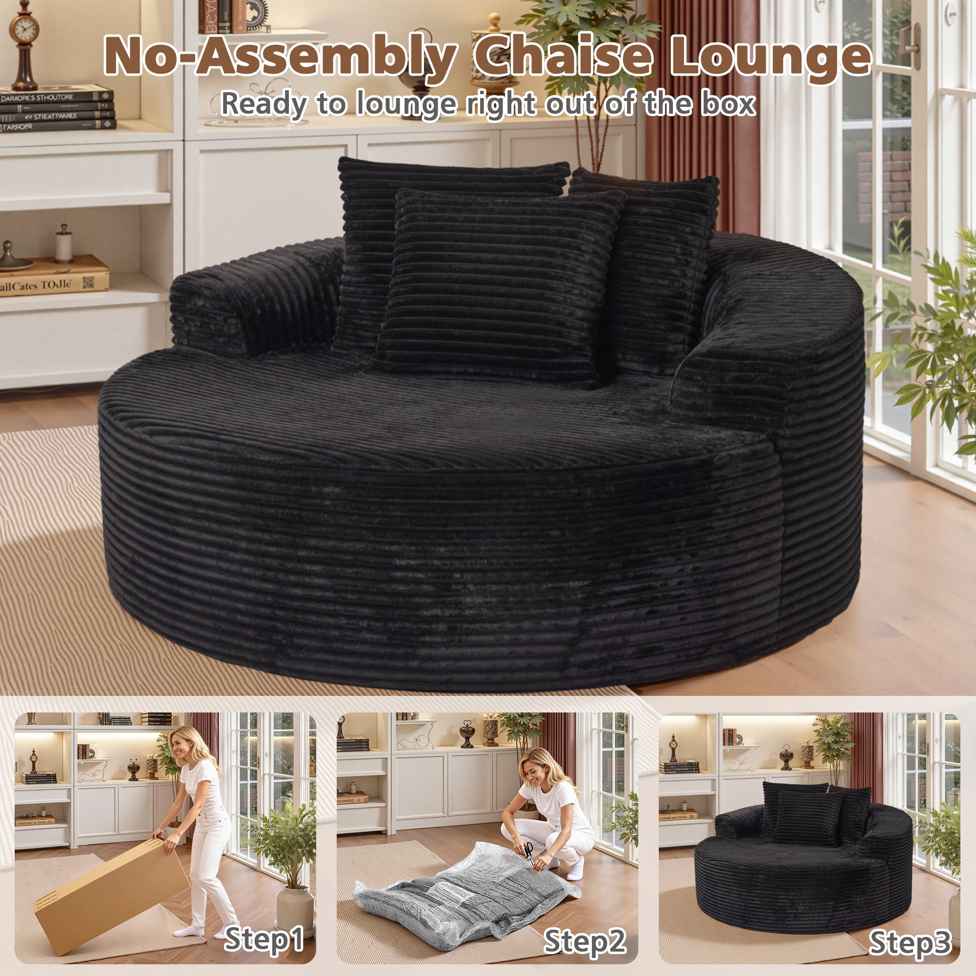 Ovios 58" Oversized Lounge Chair Round Cloud Deep Seat Accent Chair Plush Corduroy Boneless Sofa Chair for Living Room, Black