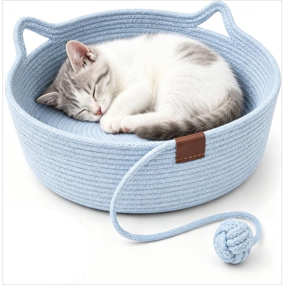 Handwoven Cotton Cat Basket Bed with Cushion & Hanging Toy, Scratchable Woven Nest Lounger for Indoor Cats & Kittens