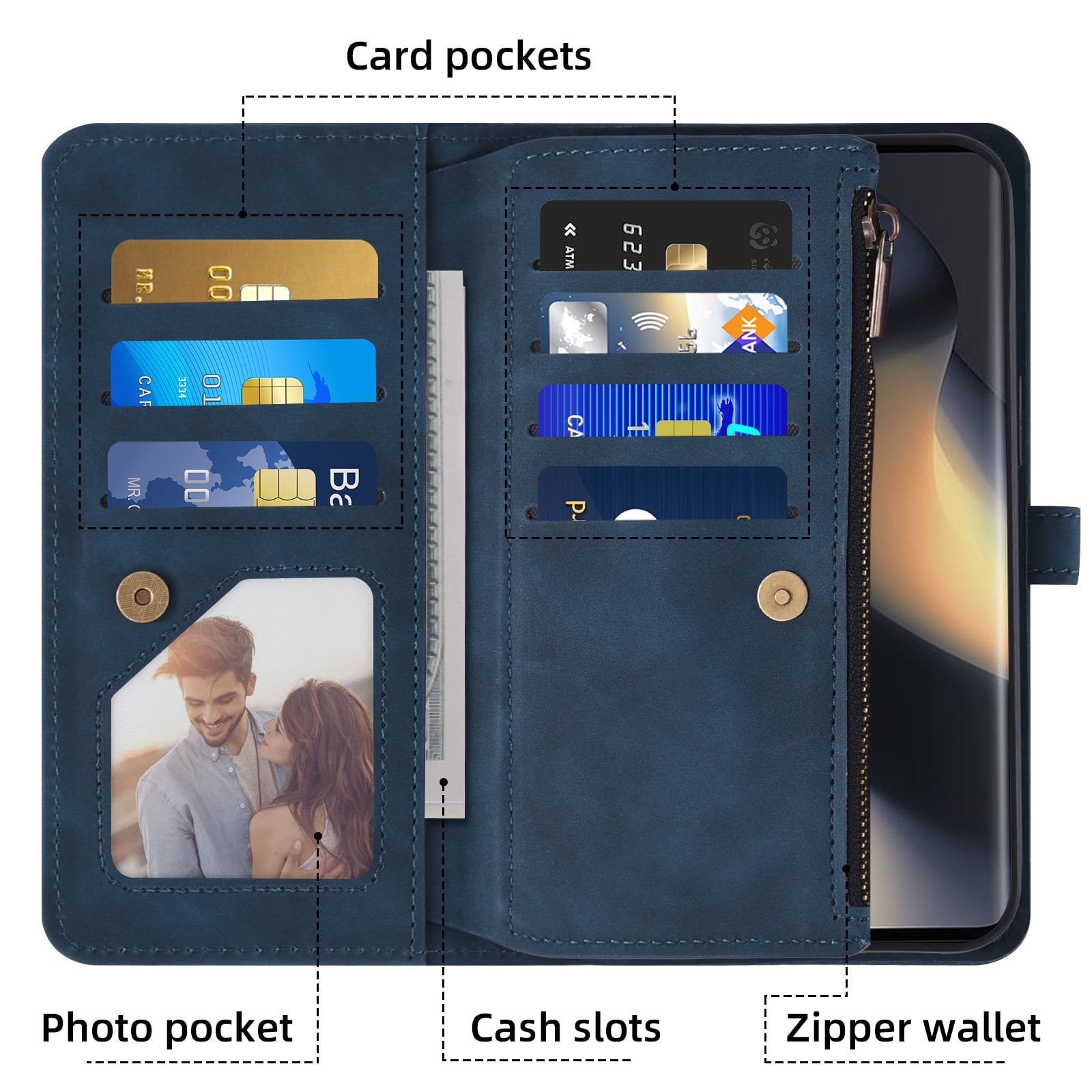 Asuwish Phone Case for Motorola Edge 5G 2024 Wallet Cover With Tempered Glass Screen Protector Crossbody Wrist Strap Flip Pattern Zipper Credit Card Holder Stand Cell Moto Edge2024 Women Men Blue