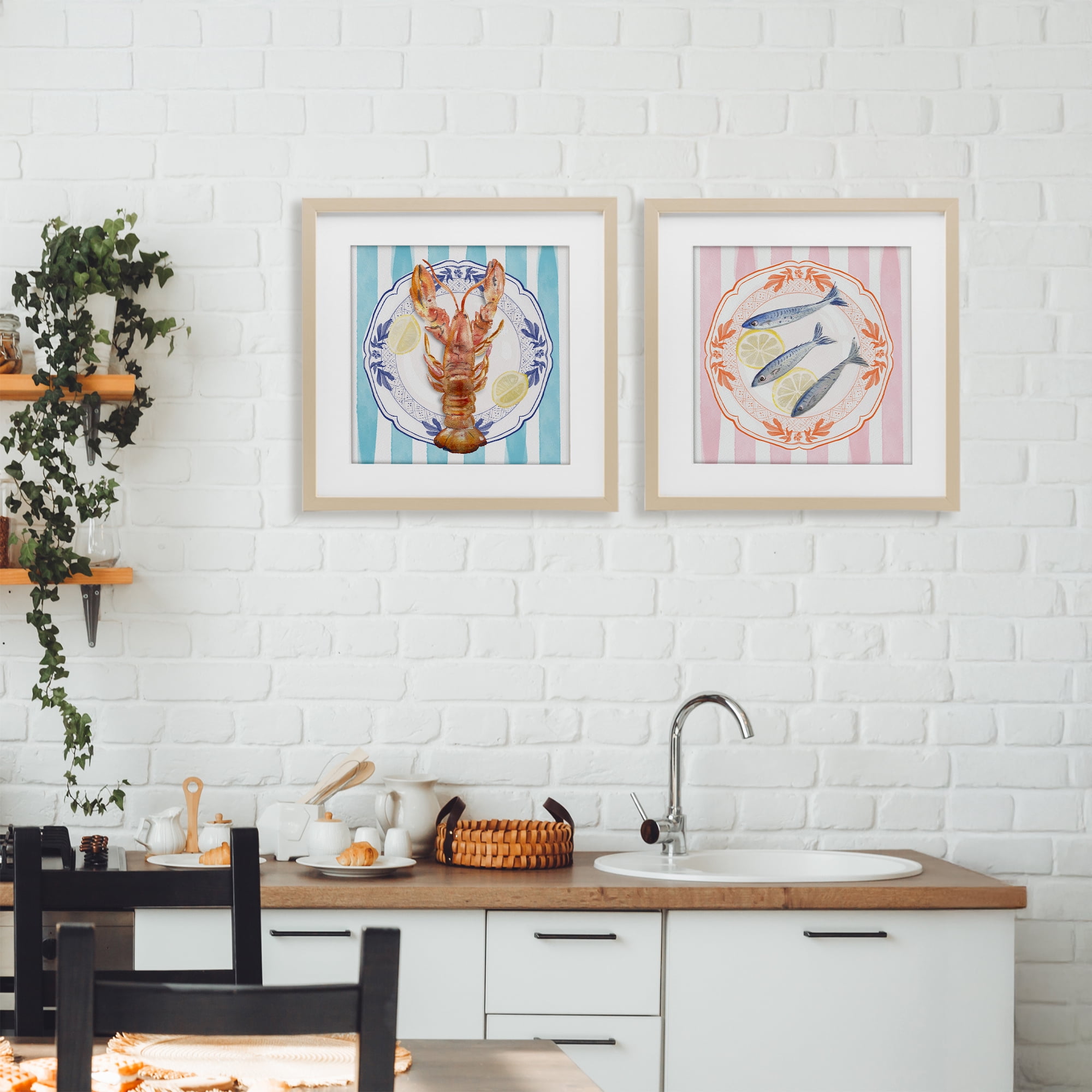 Stupell Industries Lobster & Sardines Plates 2 Piece Birch Framed Print Under Glass Set, design by Christie Adams