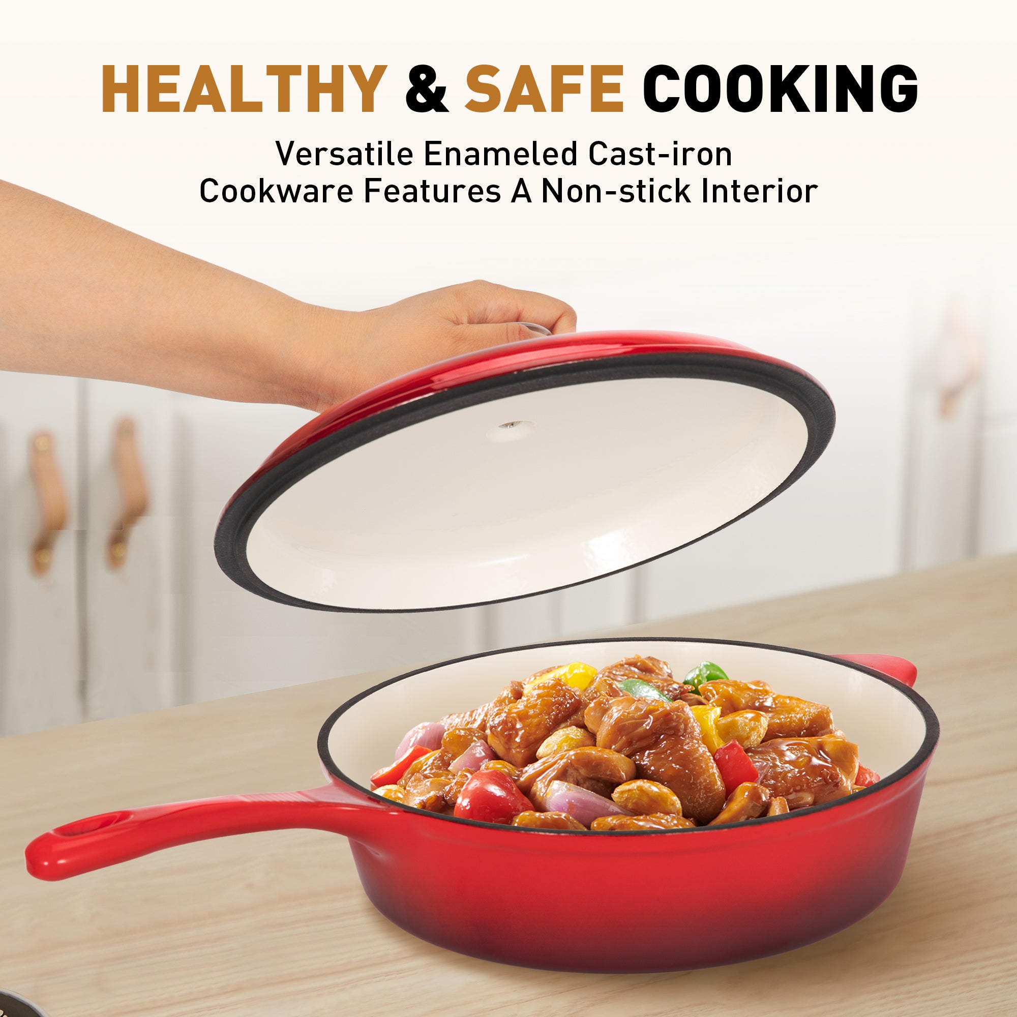 MF Studio 7-Piece Enameled Cast Iron Cookware Sets, Heavy Duty Ceramic Coated Pots and Pans Set, Red Dutch Ovens Set