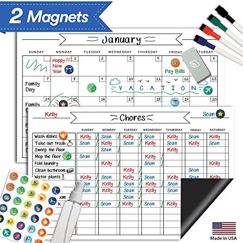 Multiple Kid Chart System w//Bonus Reusable Monthly Calendar Magnetic Chalkboard Reward Chore Chart Black Dry Erase Refrigerator Responsibility Incentive Chart 17/” x 11/”