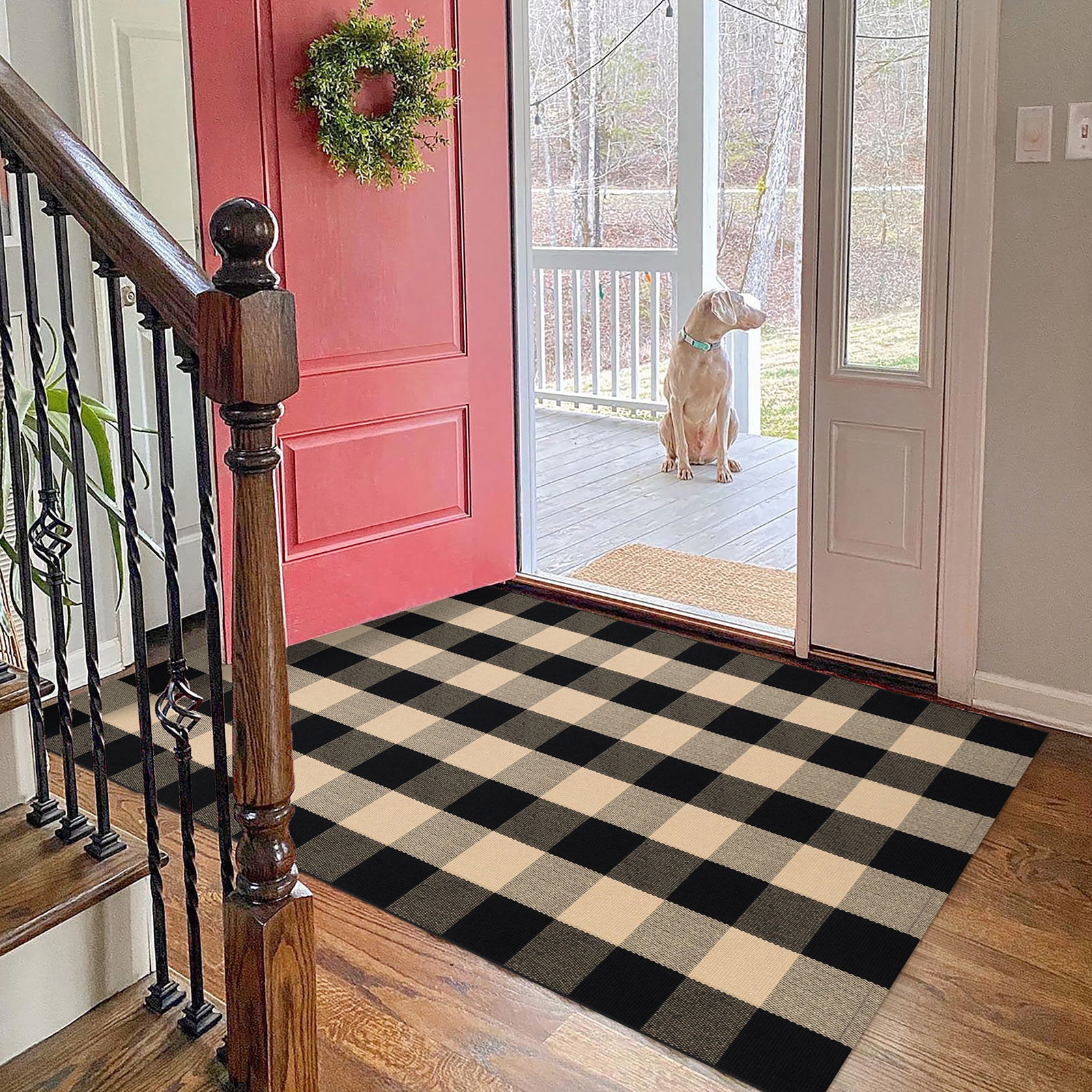 iOhouze Outdoor Rugs Buffalo Plaid Brown and Black 3'x5' Area Rug, Cotton Woven Washable Indoor Outdoor Rug Farmhouse/Living Room/Bedroom/Kitchen Rug Retro Lattice Checkered Rug