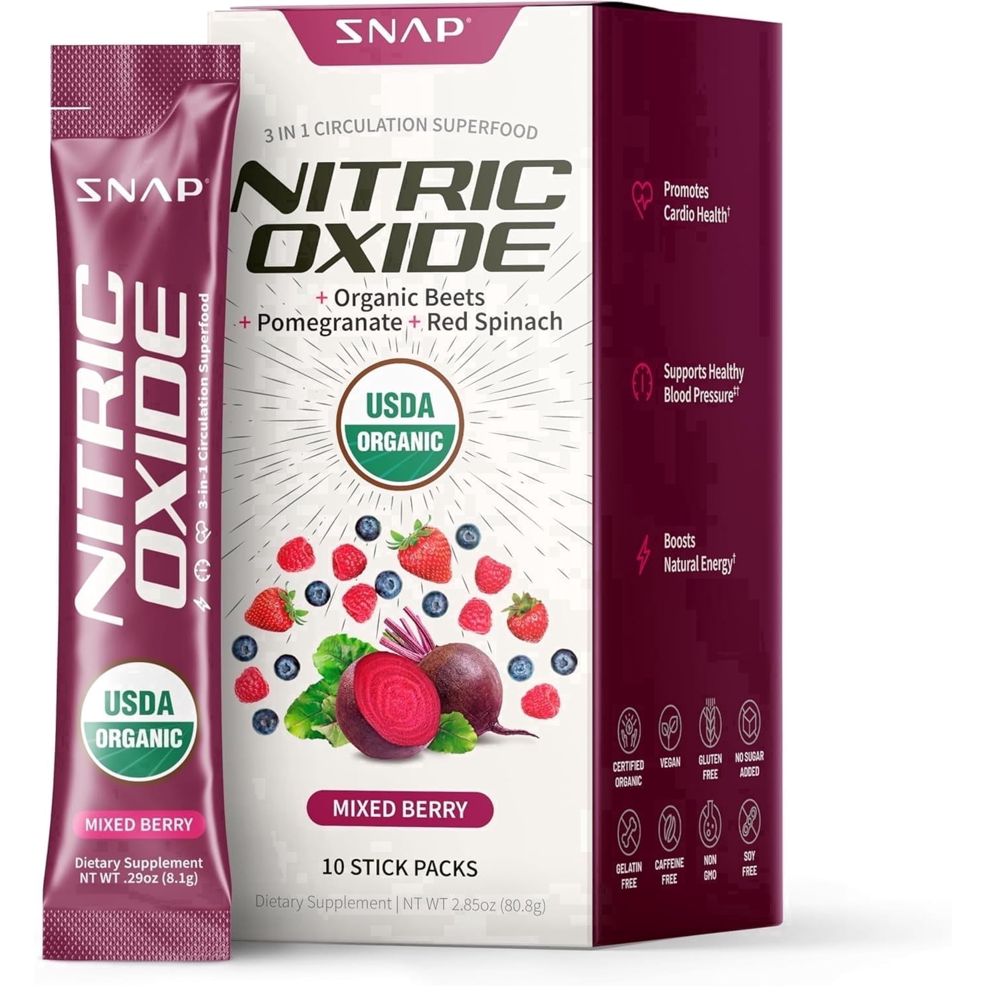 Snap Beet Root Powder Sticks, Nitric Oxide Booster for Energy, Endurance & Stamina, Heart Health & Circulation Support, Antioxidant Superfood, Single-Serve Packs, 10 Count