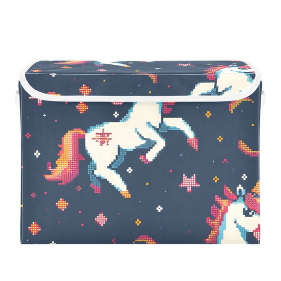 Unicorns Stars Moon Pixel Style Foldable Storage Bin with Lid and Handle Collapsible Storage Box 16.5 x 12.6 x 11.8 inches