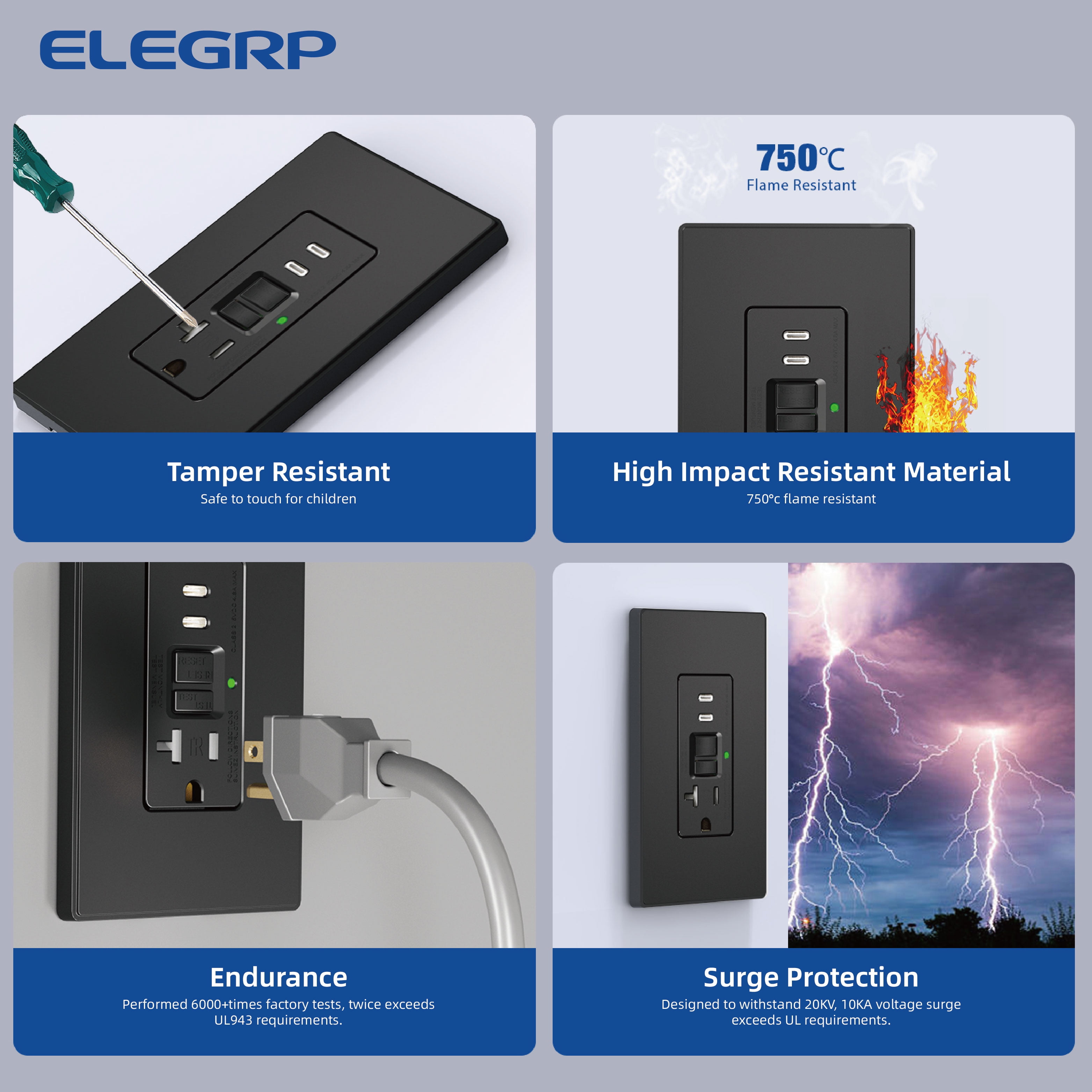 ELEGRP 20 Amp Tamper Resistant Self-Test GFCI Outlet & 24W In-Wall USB Charger combo Receptacle, Dual Type C, Midsize Screwless Wall Plate included, UL & CUL Listed, Black, 1 pack