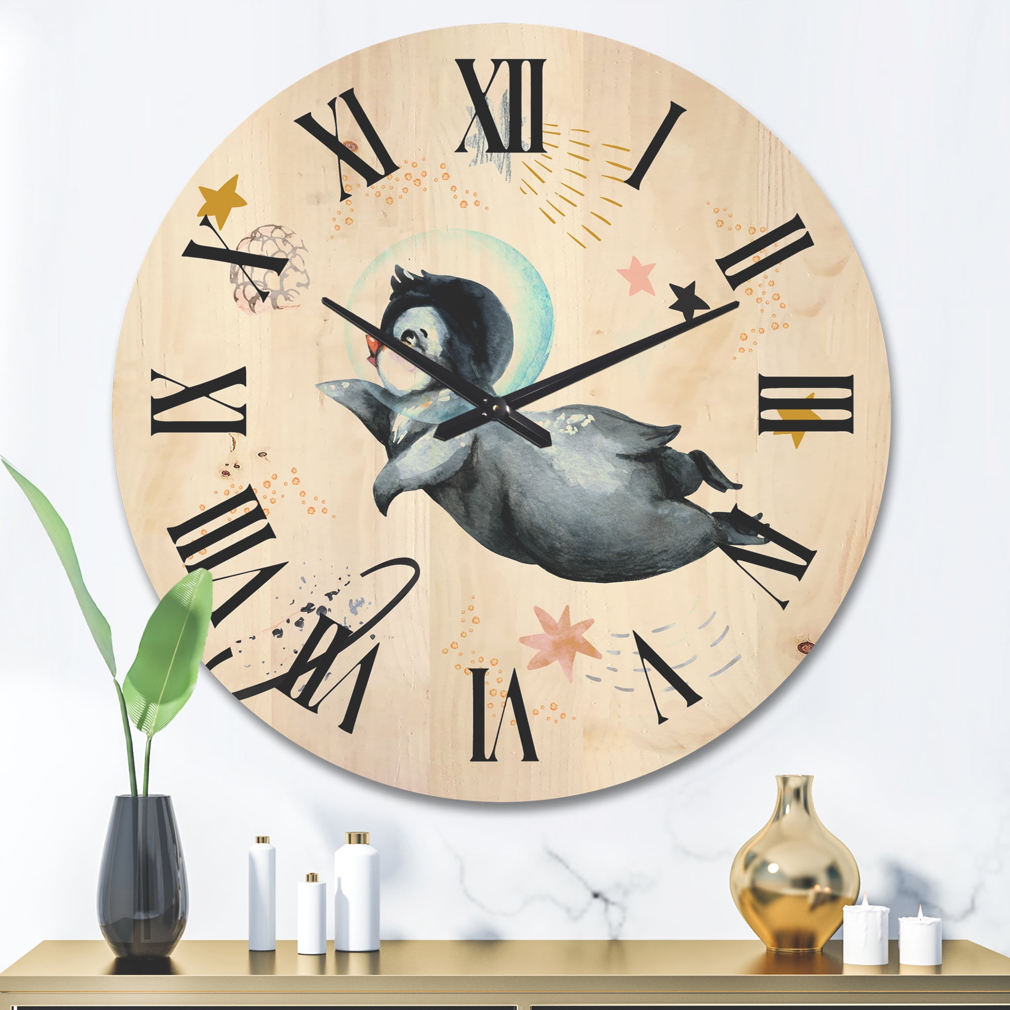 Designart 'Little Penguin Flying Planets and Stars II' Farmhouse Wood Wall Clock