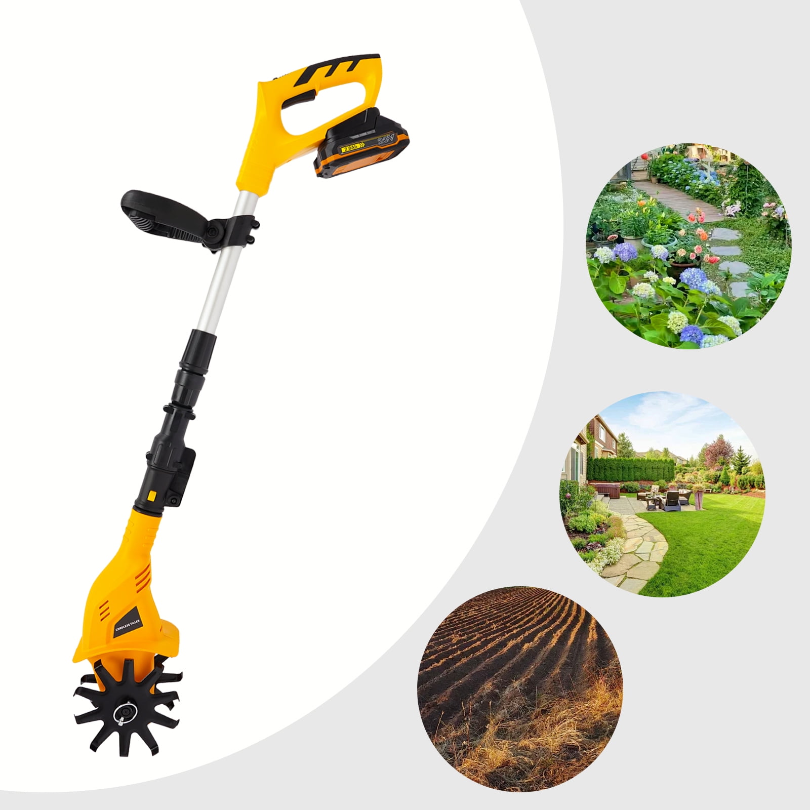 20V Cordless Tiller Cultivator, 250RPM Handheld Electric Garden Tilling Tool with Extendable Pole, Mini Portable Rechargeable Battery Powered Tiller Rototillers for Gardening Farm Soil Cultivation