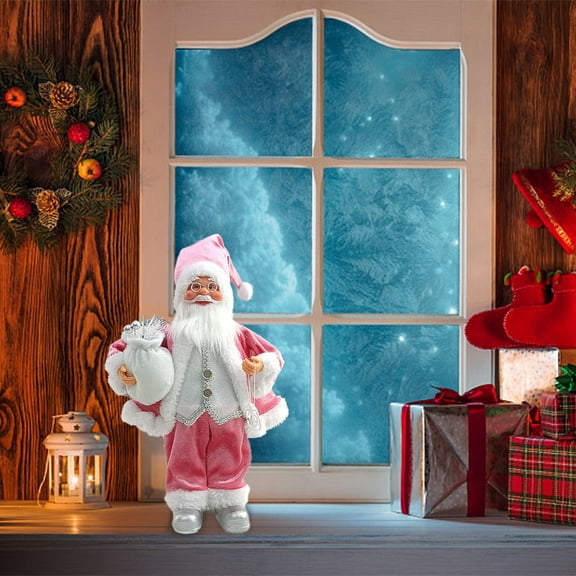 Christmas Santa Claus Figurine for Decor, 12-Inch Small Santa with Teddy Bear, and Home Window Christmas Decorations, Buffalo Plaid Red