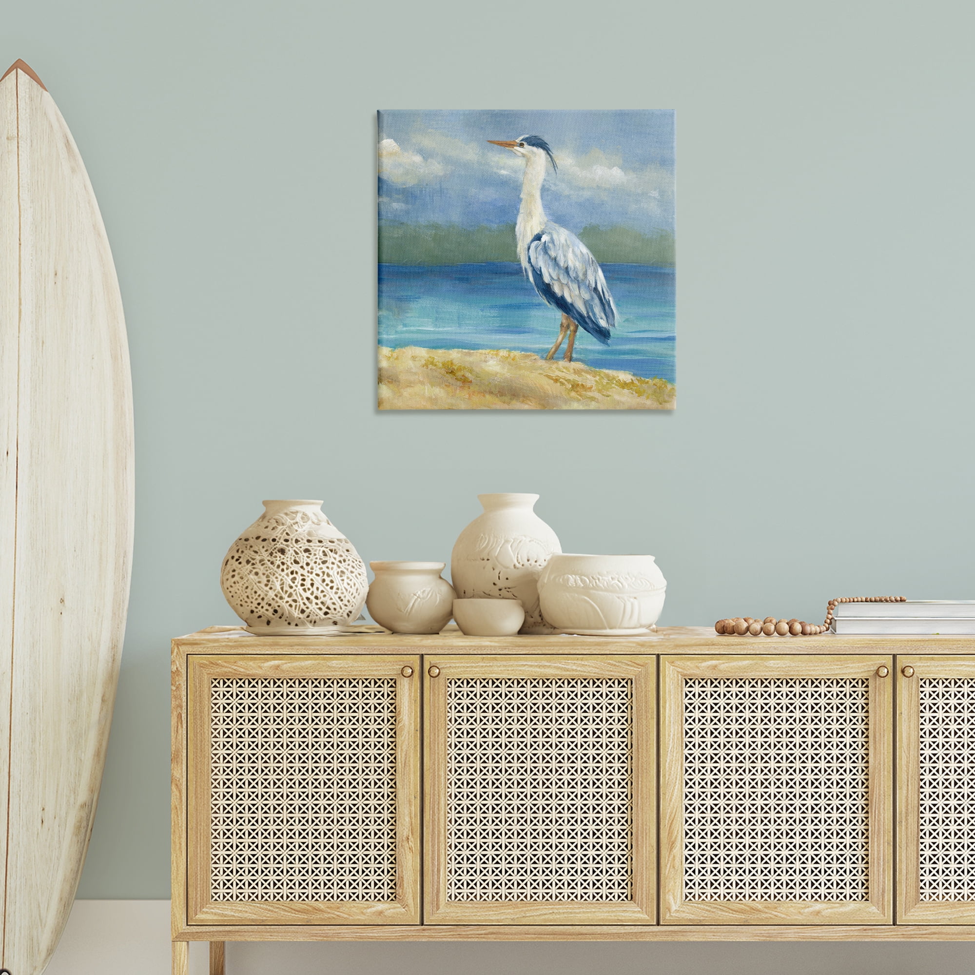 Stupell Industries Heron on Cloudy Beach Nautical & Beach Painting Wrapped Canvas Art Print Wall Art, 30 x 30