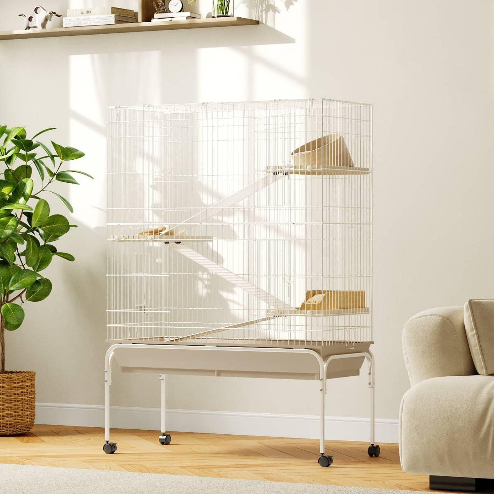 TEQIN 3 Tiers Small Animal Critter Cage,55" h Ferret Cage  with 3 Removable Ramps,Food Bowl, Water Bottle, Metal Small Animal Cages on Wheels for Chinchillas, Guinea Pigs, Rabbit, Sugar