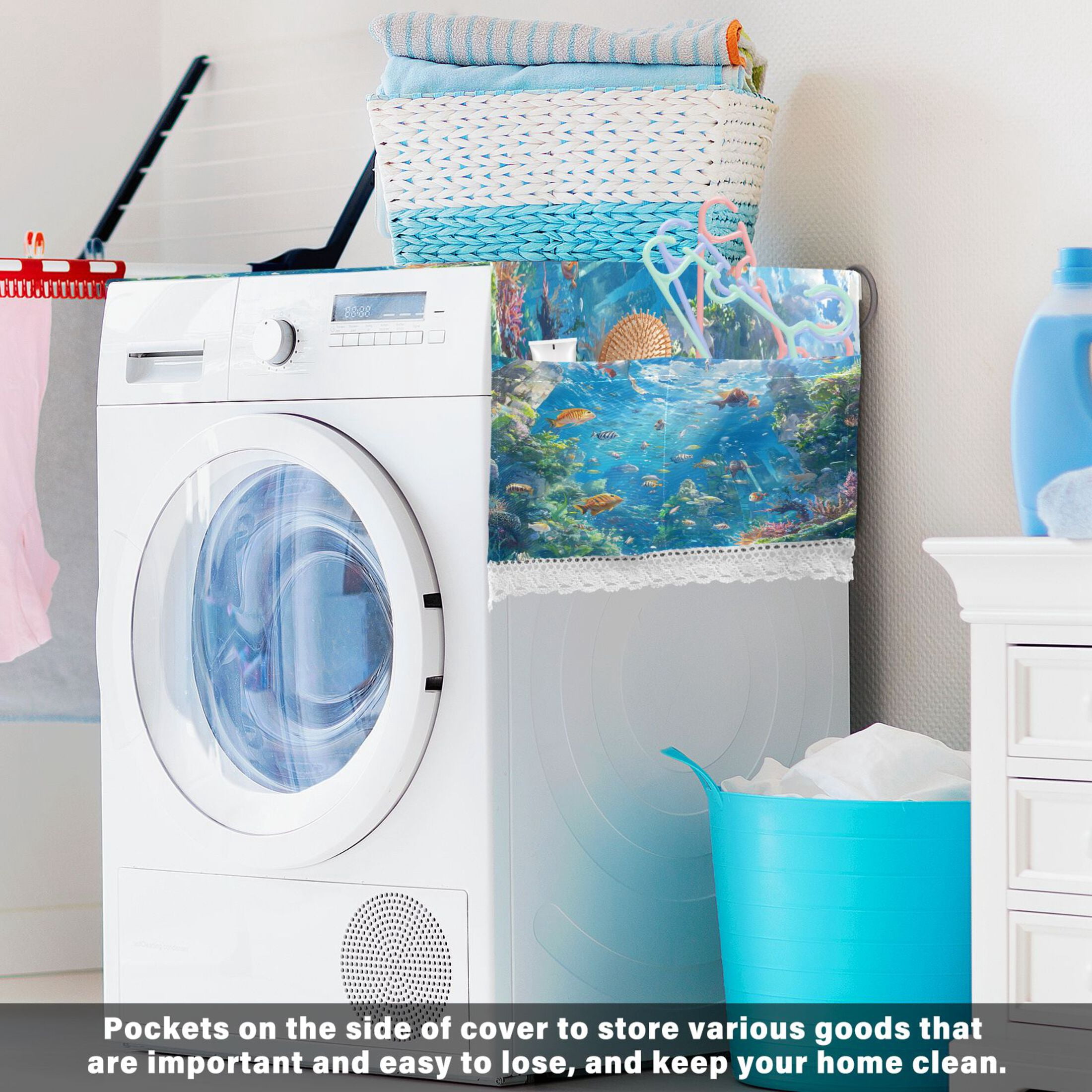 Undersea WorldWasher and Dryer Covers Dust-Proof and Oil Resistant Fridge Cover with 4 Storage Pockets Washing Machine Top Cover for Laundry Kitchen Home 51.2 x 22 In