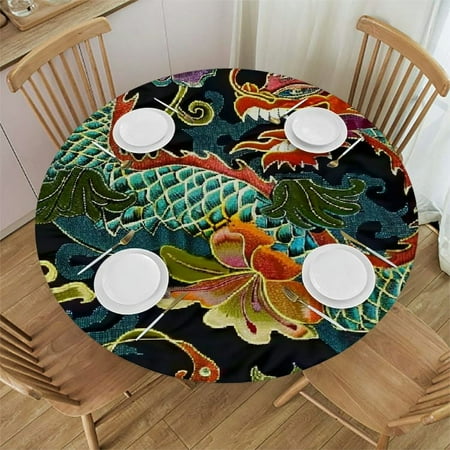 

Patifu Dragon Flowers Silk Screen Round Table Cover Stain Resistant Washable Indoor Outdoor Tablecloth Kitchen Dining Wedding Parties 100% Polyester Fiber 46-50