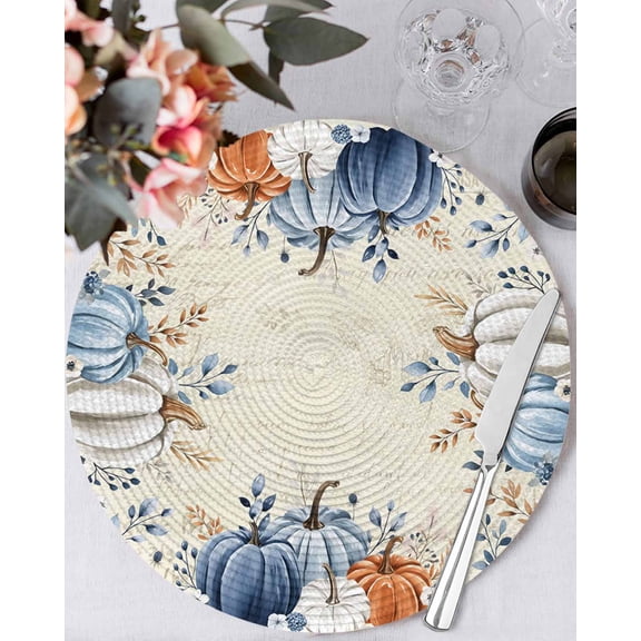 13 Inch Round Placemats Set of 4, Navy Blue Pumpkin Fall Non Slip Heat Insulation PP Table Mats, Leaves Thanksgiving Botanical Watercolor Washable Place Mats for Kitchen Dining Party Table Decor