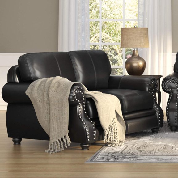 Sunset Trading Charleston 63" Wide Top Grain Leather Loveseat | Black Rolled Arm Small Couch with Nailheads