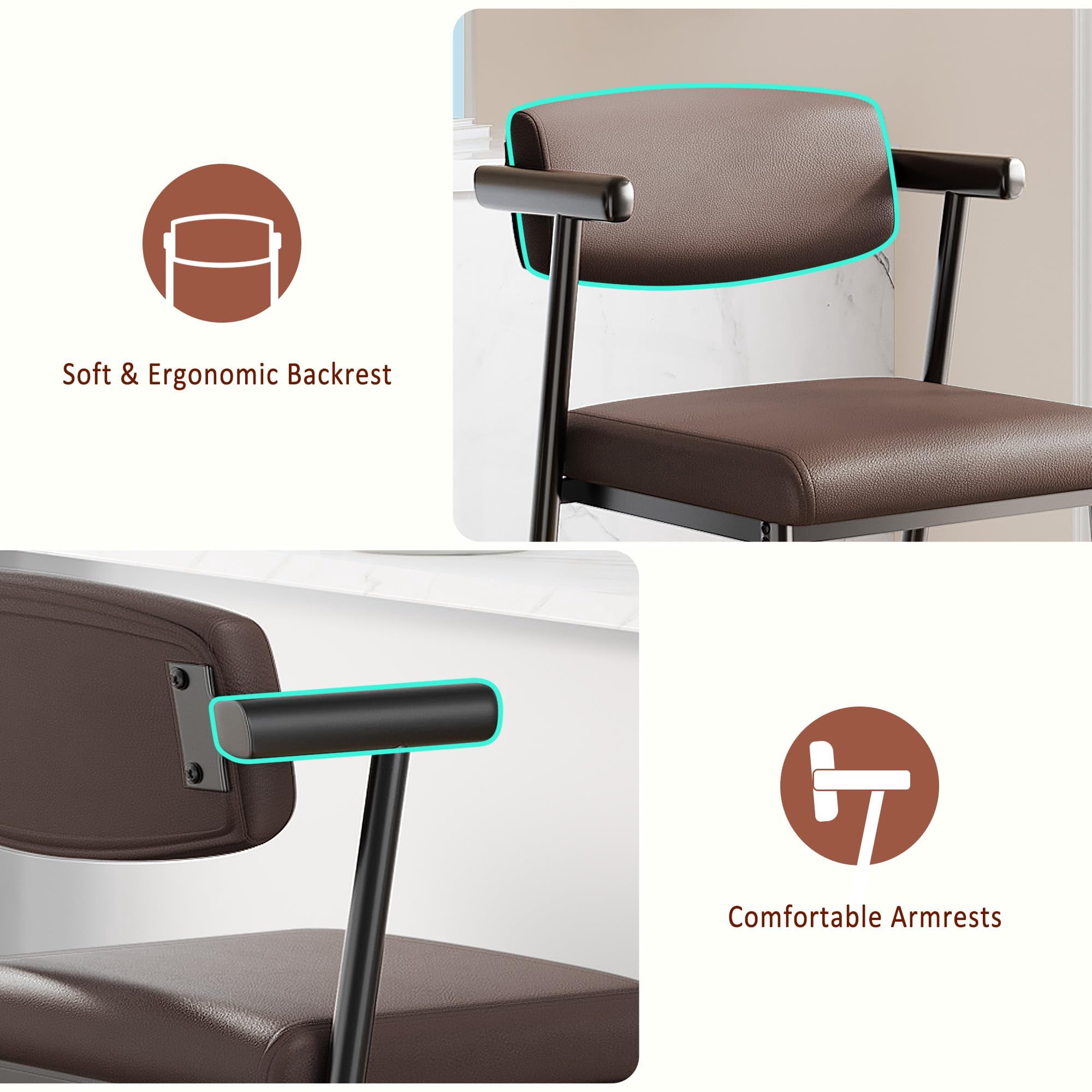 Towallmark 26.5 " Upholstered Counter Height Barstools, Wider Thickened Cushion Bar Stools Set of 4 with Armrest, Brown Leather