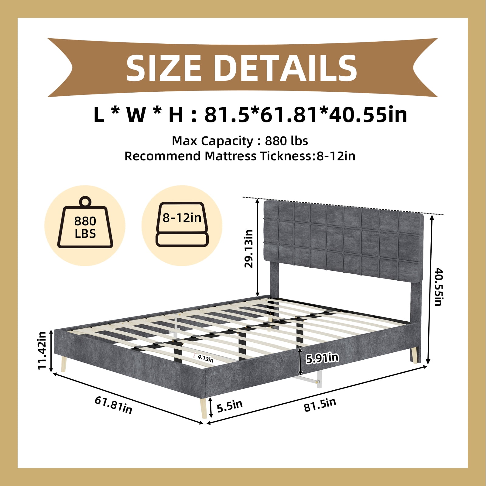 Alvantor Queen Size Upholstered Bed Frame with Padded Headboard Gray