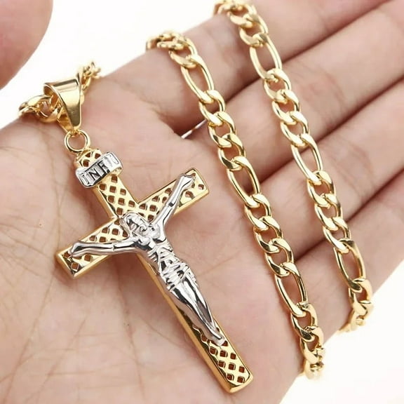New Explosive Trendy Easter Jesus Cross Men's 14K Yellow Gold Necklace Pendant Light Luxury Fashion Trend Niche Men's Necklace Gift
