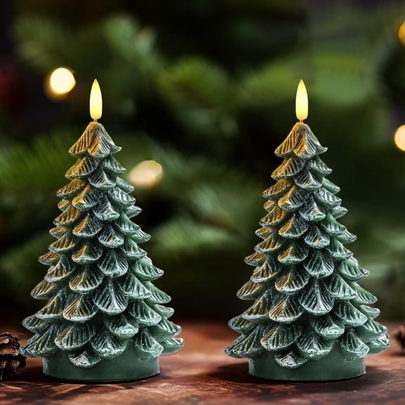 Homemory Christmas Tree Flameless Taper Candles, LED Flickering, Battery Operated with Timer, Green, 2 Pcs, 8.5 Inches