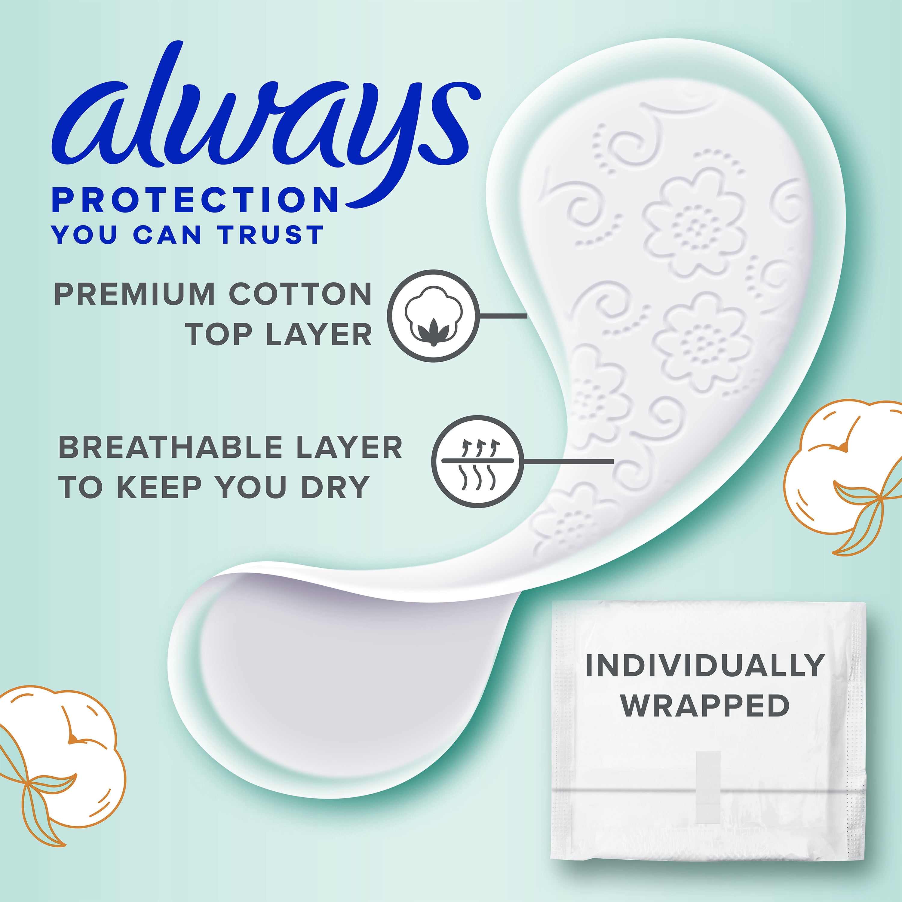 Always Premium Cotton Thin Daily Liners, Regular, 200 CT