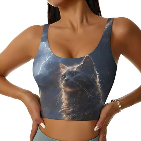 Sports Bras for Women - Giant Cat In Paris Rain Seamless Yoga Bra Workout Crop Top with Removable Pads
