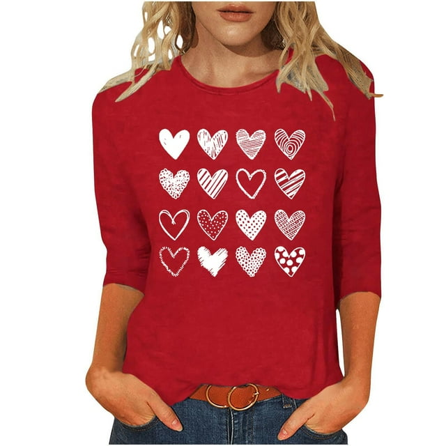 RXMEKW Haut à Manches 3/4, Motif Cœur pour Femmes, Col Rond, Manches Mi-Longues, T-Shirt Décontracté